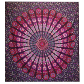 Doppelte Tagesdecke aus Baumwolle + Wandbehang - Pfauen-Mandala - Lila