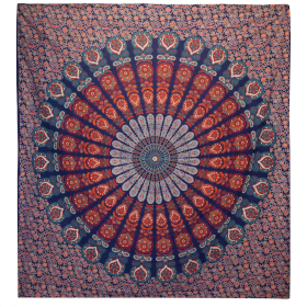 Doppelte Tagesdecke aus Baumwolle + Wandbehang - Pfauenmandala - Blau