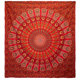 Doppelte Tagesdecke aus Baumwolle + Wandbehang - Pfauenmandala - Rot