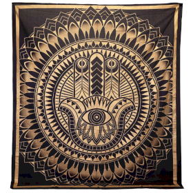 Doppelte Tagesdecke aus Baumwolle + Wandbehang – Hamsa – Schwarzgold