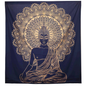 Doppelte Tagesdecke aus Baumwolle + Wandbehang - Buddha - Blau Gold