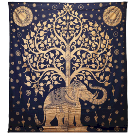 Doppelte Tagesdecke aus Baumwolle + Wandbehang – Elefant & Baum – Blaugold