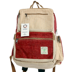 Großer kastenförmiger Hanf-Rucksack - Weinrot & Creme